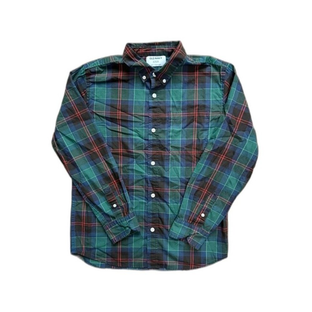Boys Old Navy Built-In Flex Plaid Button Down Shirt Size XL 14-16 Green Navy
